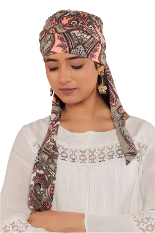 The Headscarves Women Bamboo Viscose Printed Cap With Printed Tail Scarf for Chemo Hair