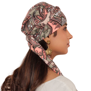 The Headscarves Women Bamboo Viscose Printed Cap With Printed Tail Scarf for Chemo Hair