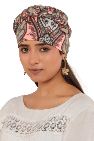 The Headscarves Women Bamboo Viscose Printed Cap With Printed Tail Scarf for Chemo Hair